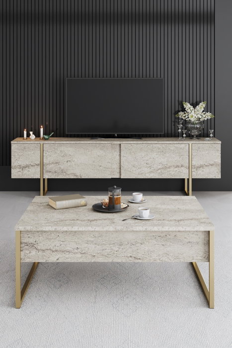 Hanah Home Mesa de centro Luxe Travertino y Dorado Hanah Home Mesa de centro Luxe Travertino y Dorado